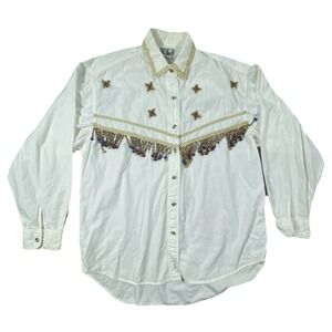 At!Last Absolutely Authentic Shirt Womens M White Beaded Spread Collar Button Up